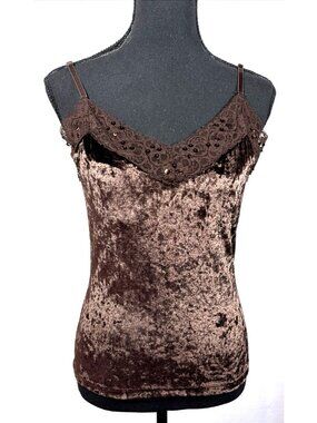 Babydoll Velvet Lace Trim Cami Tank Top Brown Large Y2K Whimsigoth Fairy